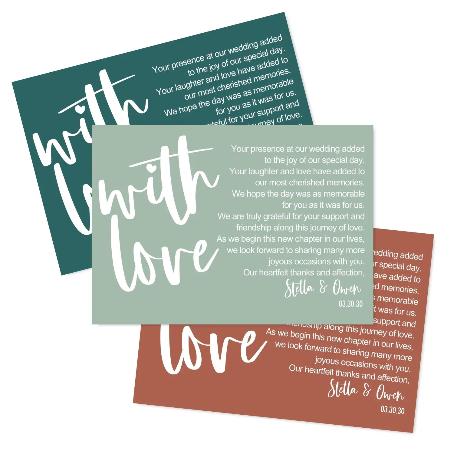 Customizable wedding thank you place setting cards - personalize with newlyweds names & date - choose your pack size