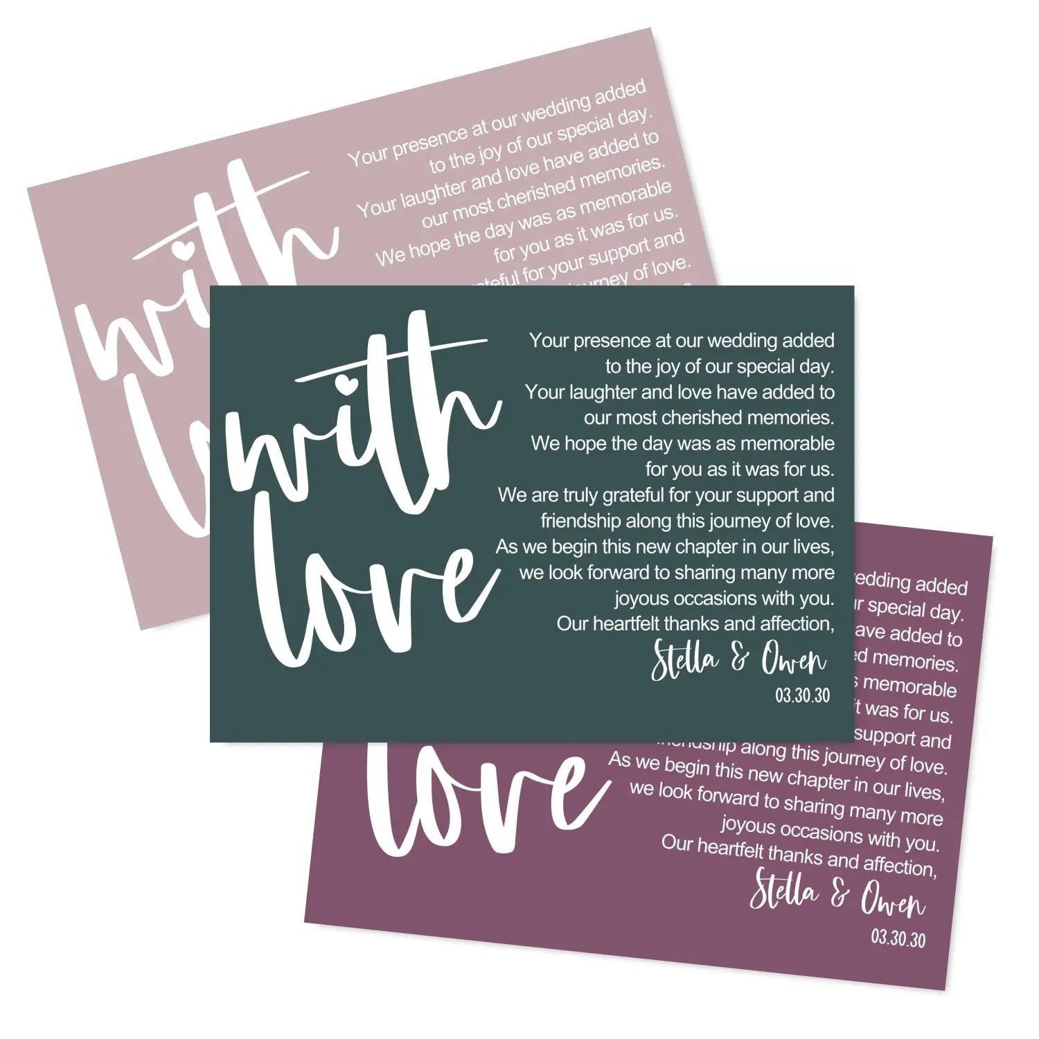 Customizable wedding thank you place setting cards - personalize with newlyweds names & date - choose your pack size