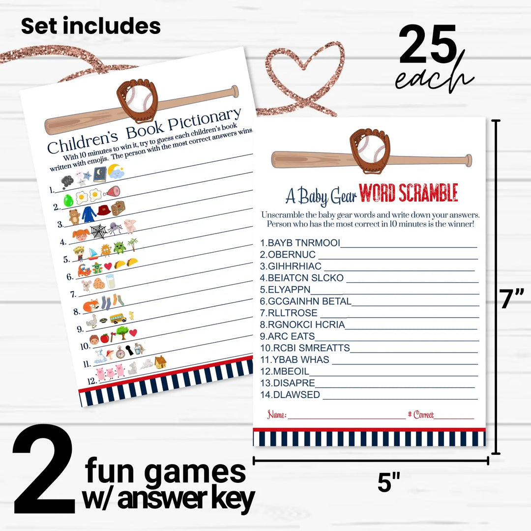 Baseball baby shower game set red & blue word scramble and storybook guessing activity - party games