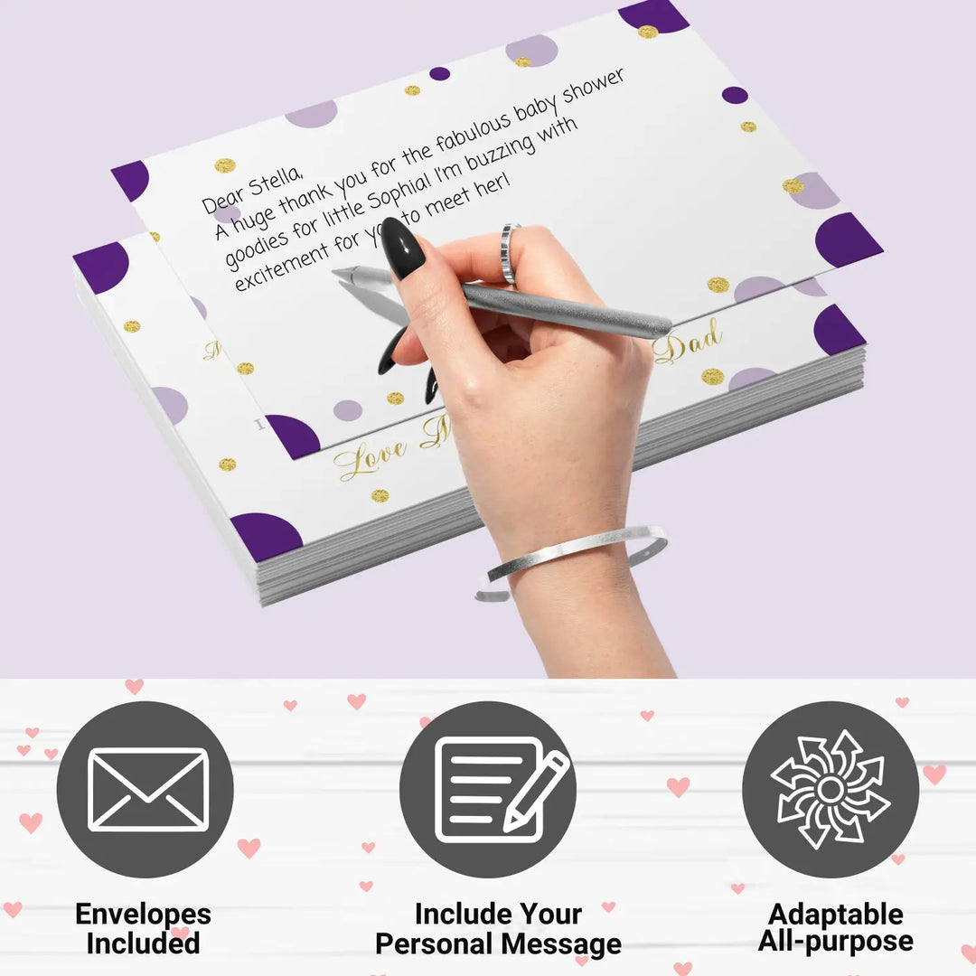 Purple and gold girls baby shower thank you cards - 15 pack elegant notecards 4x6 - office product