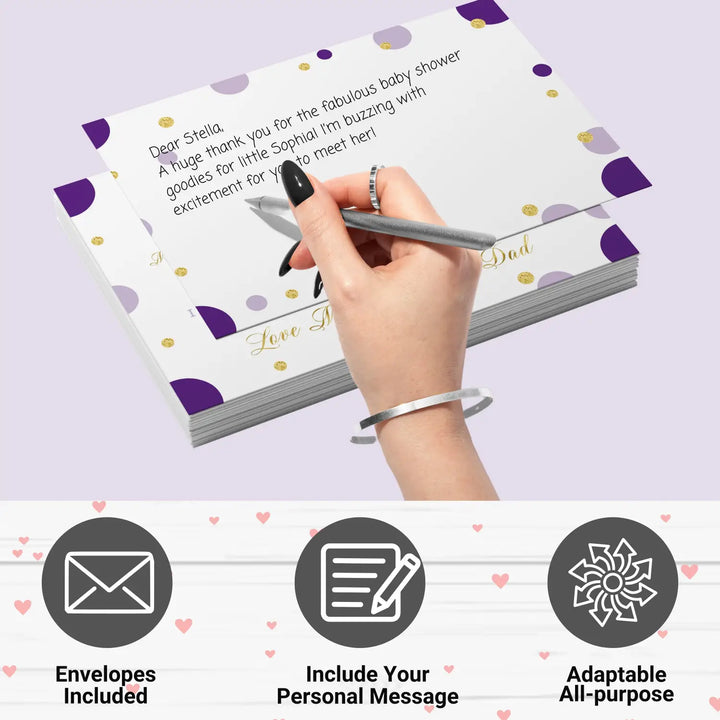 Purple and gold girls baby shower thank you cards - 15 pack elegant notecards 4x6 - office product