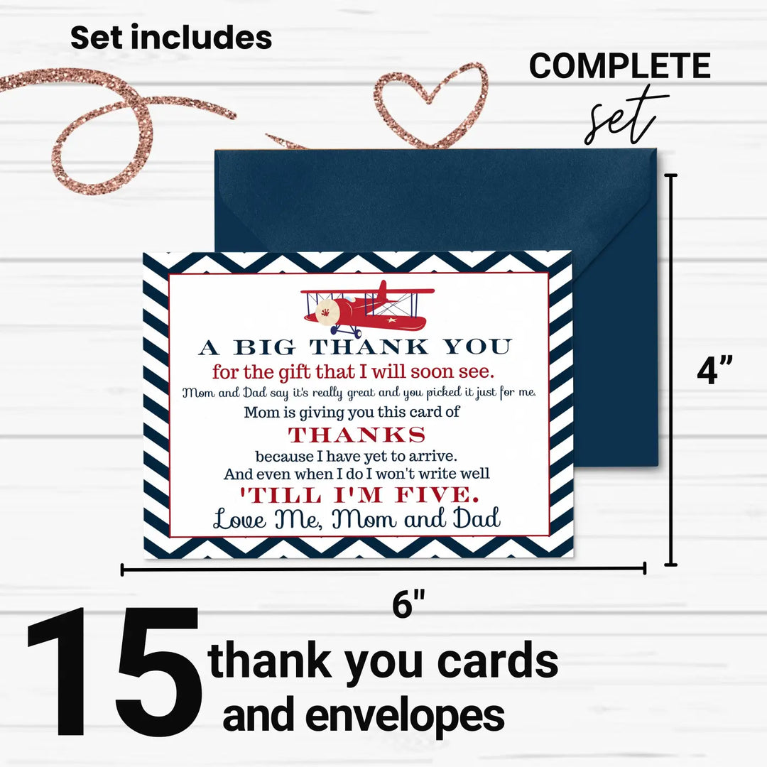 Airplane theme boys baby shower thank you cards - 15 pack notecards with blue envelopes 4x6 - office product