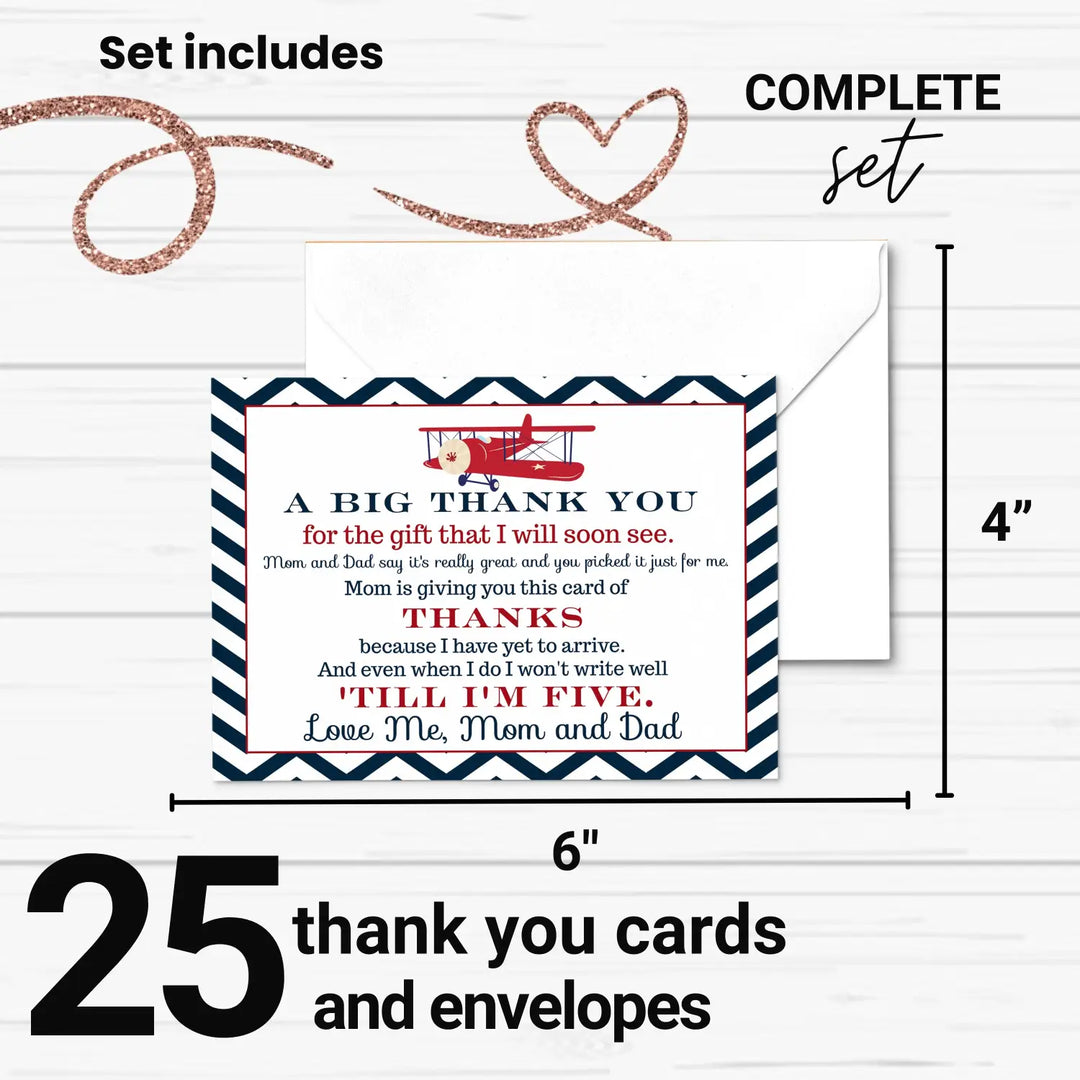 25-pack airplane baby shower thank you cards for boys - personalized notecards with envelopes - office product