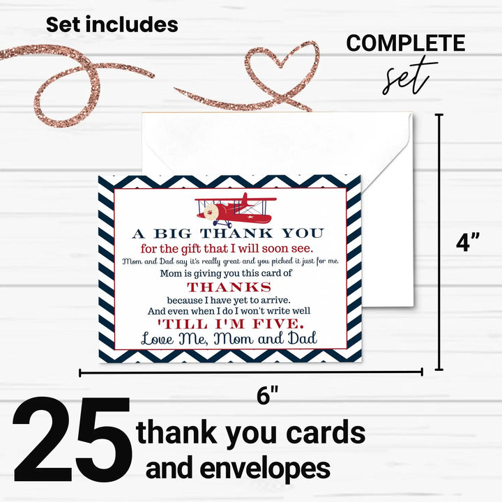 25-pack airplane baby shower thank you cards for boys - personalized notecards with envelopes - office product