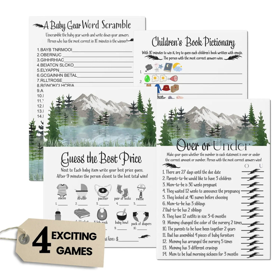 Adventure awaits mountain-themed baby shower game bundle 5x7 double-sided cards (25 ct) - party games
