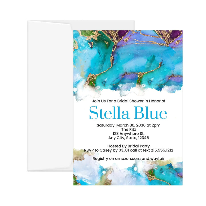 Elegant jeweled watercolor personalized invitations purple turquoise blue and gold