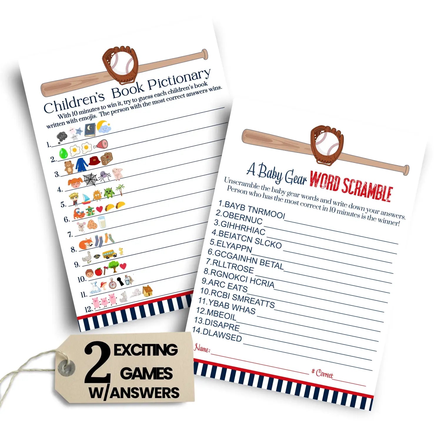 Baseball baby shower game set red & blue word scramble and storybook guessing activity - party games
