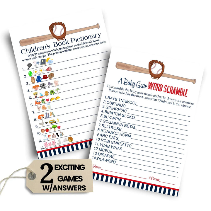Baseball baby shower game set red & blue word scramble and storybook guessing activity - party games