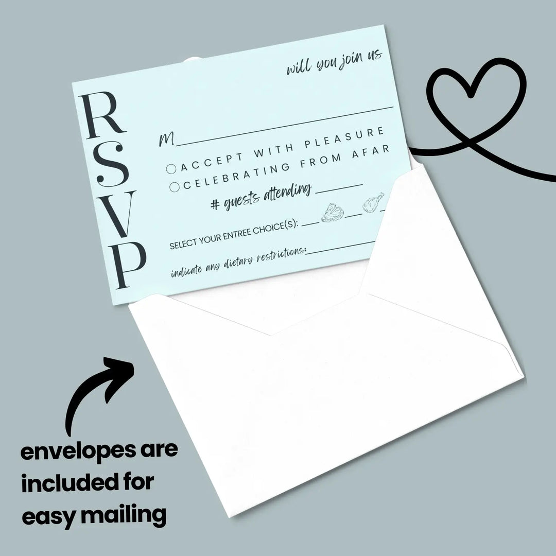 Custom sky blue rsvp cards with elegant black calligraphy - premium card stock 4x6 inch size - invitations