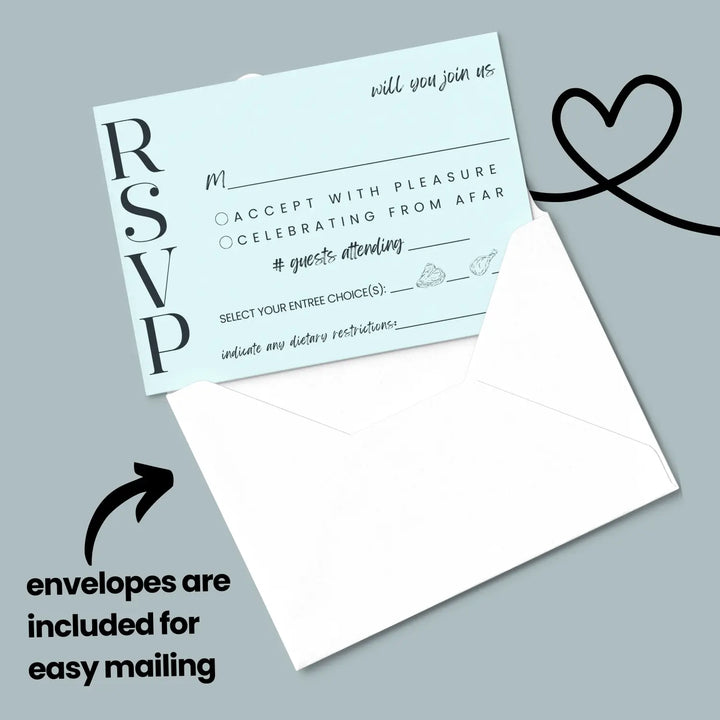 Custom sky blue rsvp cards with elegant black calligraphy - premium card stock 4x6 inch size - invitations