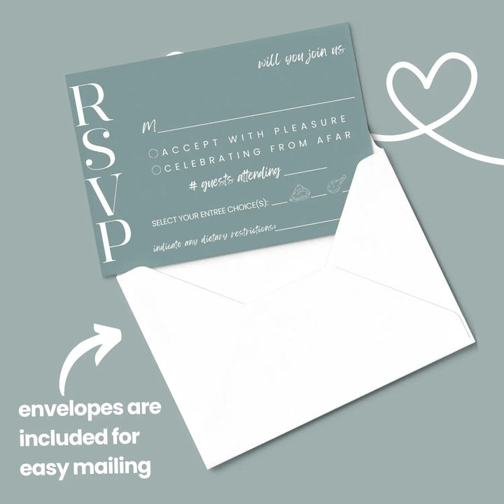 Custom rustic green rsvp cards with elegant off-white calligraphy - premium card stock 4x6 inch size - invitations