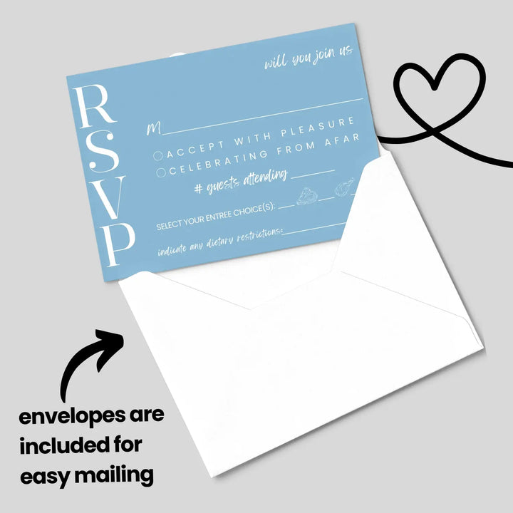 Custom sky blue rsvp cards - premium 120lb cardstock elegant calligraphy personalized dates & names includes food