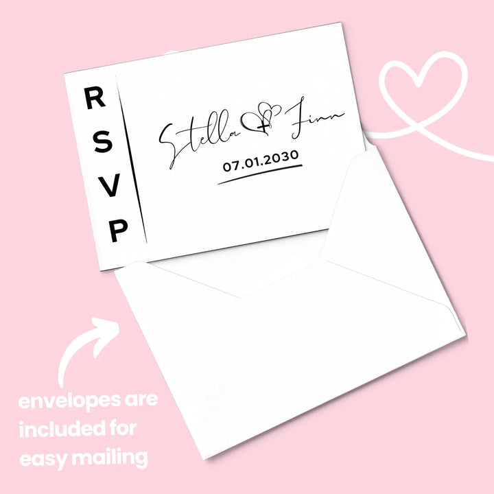 Custom white rsvp cards with elegant black calligraphy - premium card stock 4x6 inch size - invitations