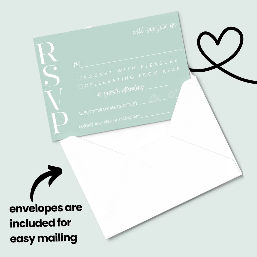 Custom seafoam rsvp cards with elegant white calligraphy - premium card stock - invitations