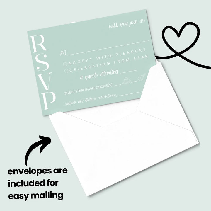 Custom seafoam rsvp cards with elegant white calligraphy - premium card stock - invitations