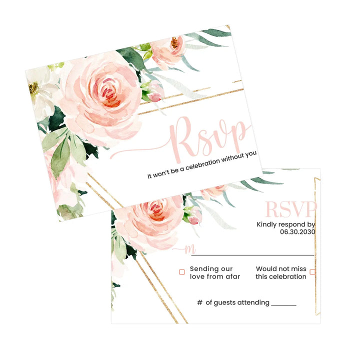 Personalized graceful floral rsvp cards with envelopes - blush gold & rustic greenery for weddings and events