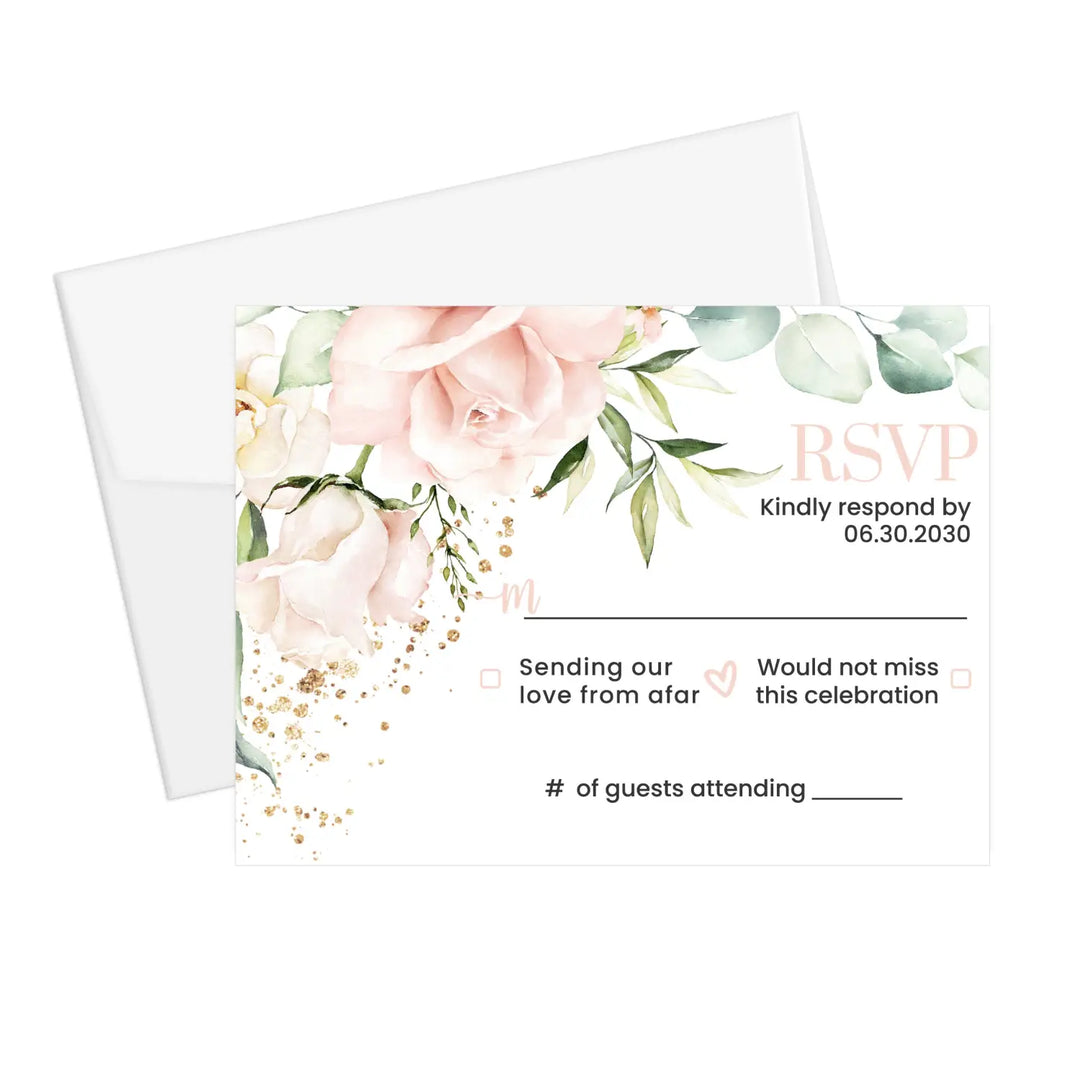 Personalized blush blooms rsvp cards with envelopes - gold & rustic greenery for weddings and events - invitations