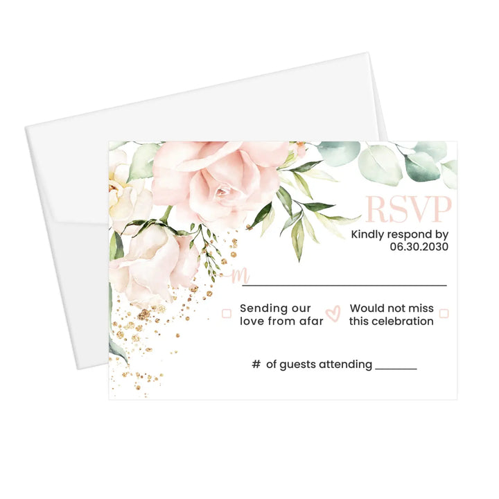 Personalized blush blooms rsvp cards with envelopes - gold & rustic greenery for weddings and events - invitations