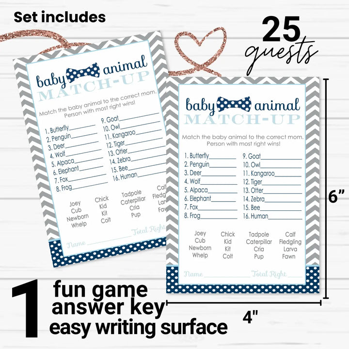 Bow tie baby shower game cards animal matching (25 pack) - party games