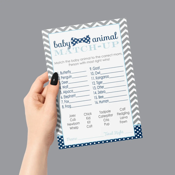 Bow tie baby shower game cards animal matching (25 pack) - party games