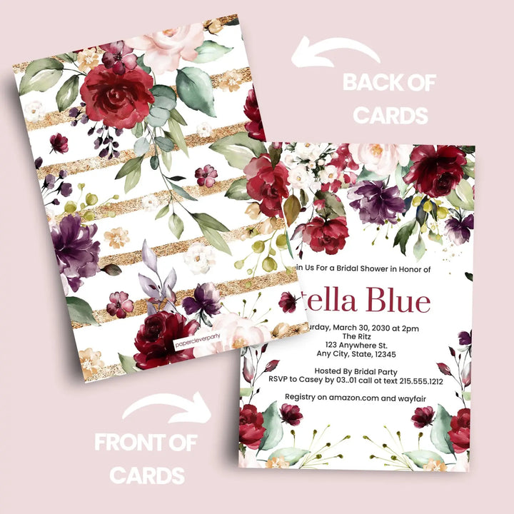 Elegant red roses & blush floral personalized invitations for weddings showers and special celebrations