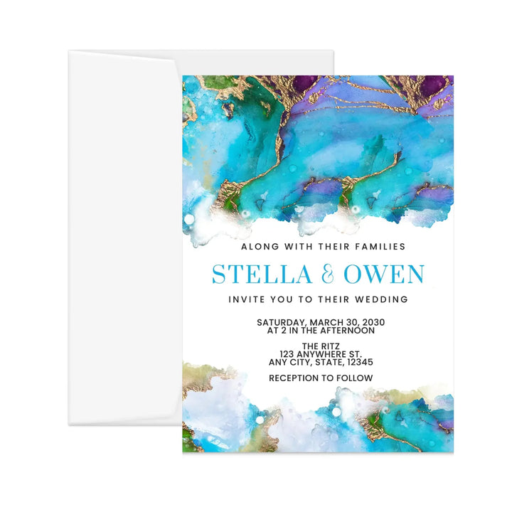 Elegant jeweled watercolor personalized invitations purple turquoise blue and gold