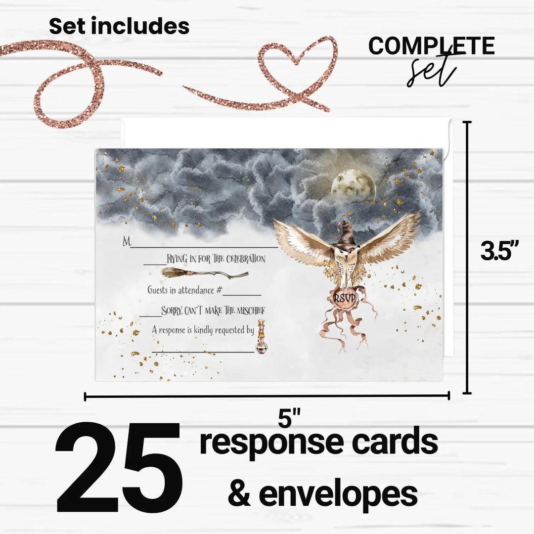 Magical black gold owl rsvp cards - enchanted wedding response set 3.5x5 envelopes included 25 pack - invitations