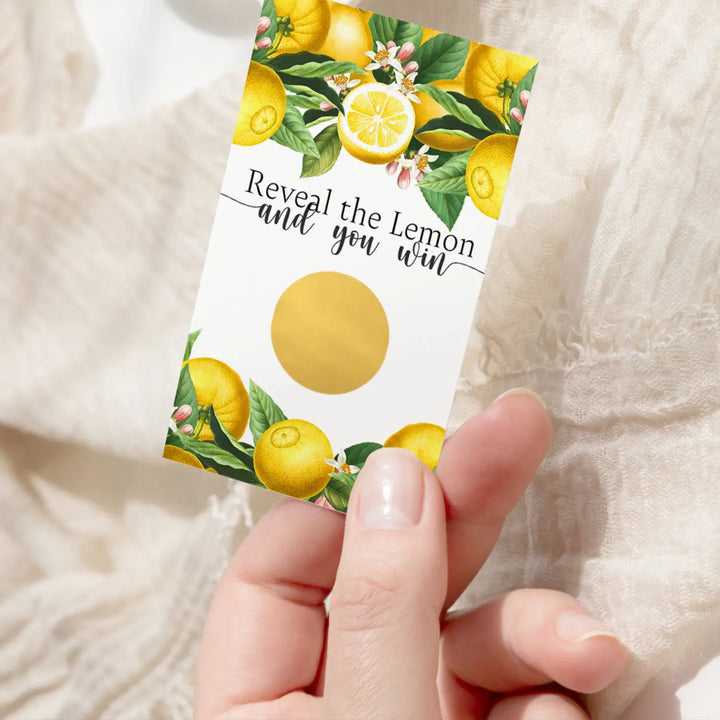 Lemon themed bridal shower scratch-off game cards - fun wedding & engagement party activity - games