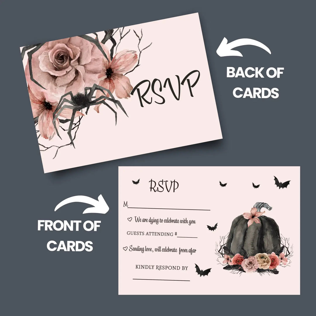 Halloween rsvp cards - spooky chic gothic pink & black pumpkin design with spiders and floral - set of 25 - invitations