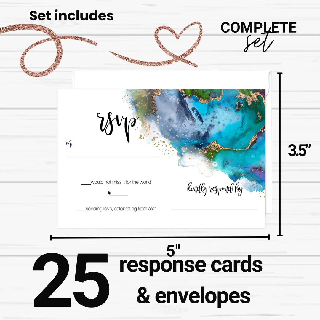Modern teal & purple watercolor rsvp cards - chic wedding response set 3.5x5 envelopes included 25 pack - invitations