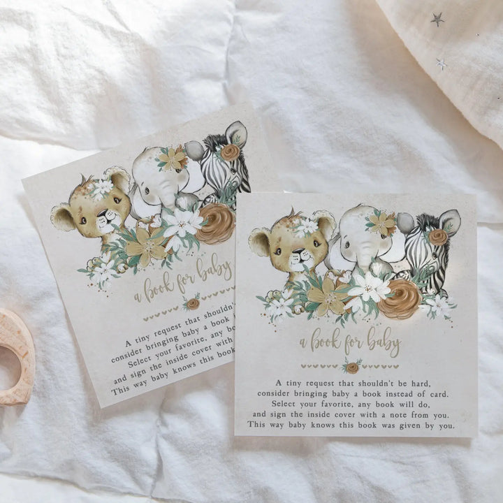 Flora safari books for baby shower request cards - invitations