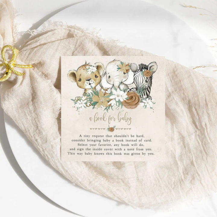 Flora safari books for baby shower request cards - invitations
