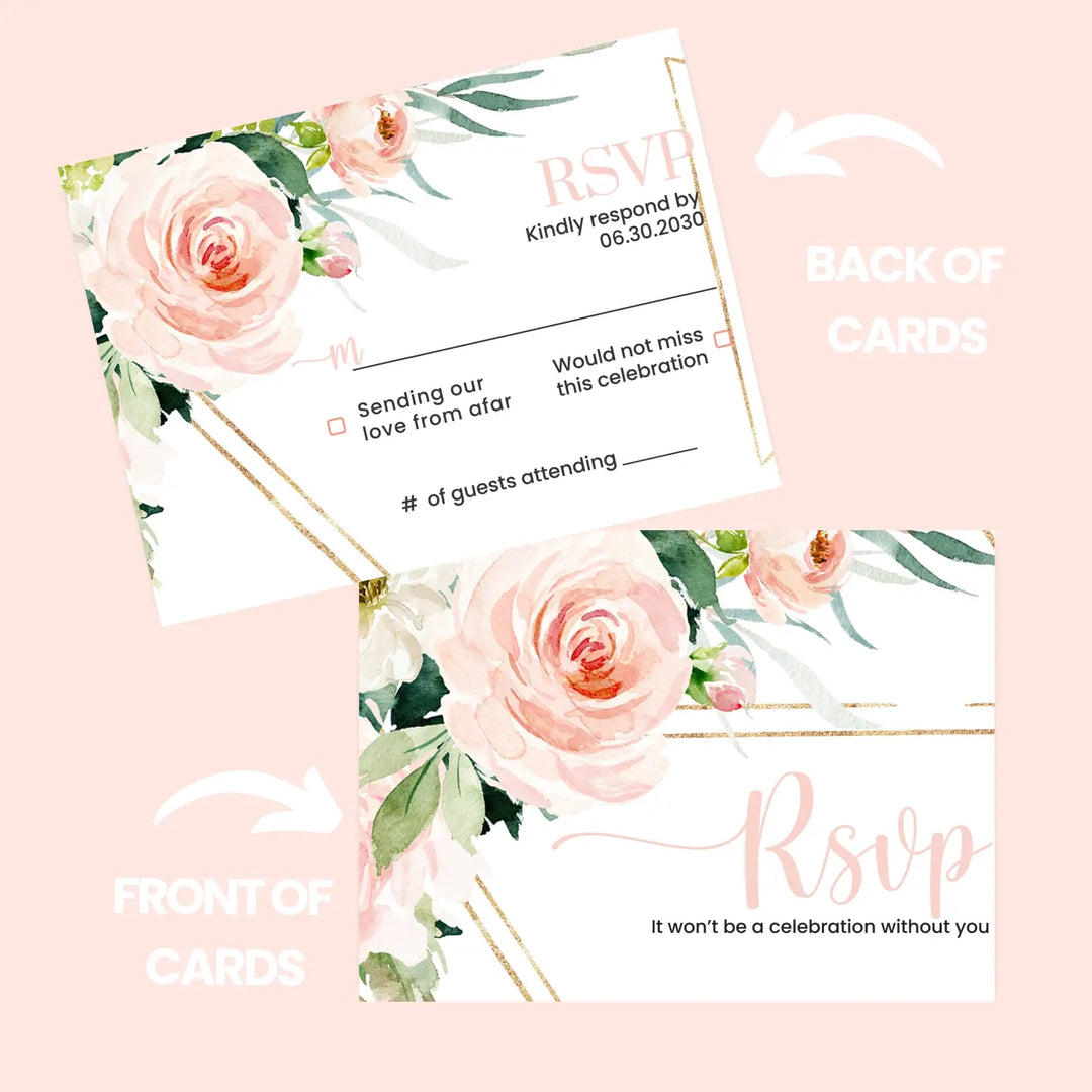 Personalized graceful floral rsvp cards with envelopes - blush gold & rustic greenery for weddings and events