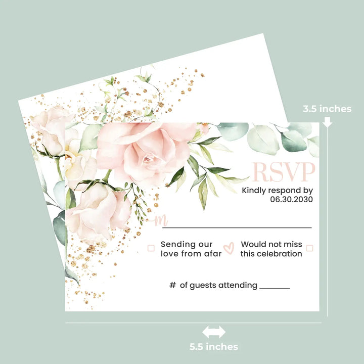Personalized blush blooms rsvp cards with envelopes - gold & rustic greenery for weddings and events - invitations