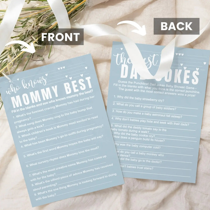 Blue baby shower game set - who knows mommy best & dad jokes modern minimalist 25 pack - party games