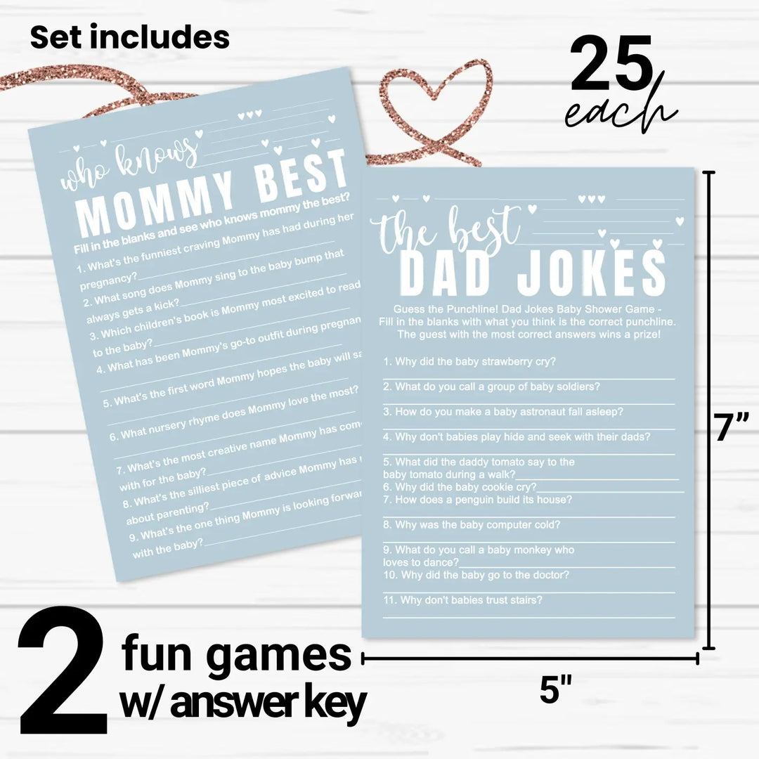 Blue baby shower game set - who knows mommy best & dad jokes modern minimalist 25 pack - party games