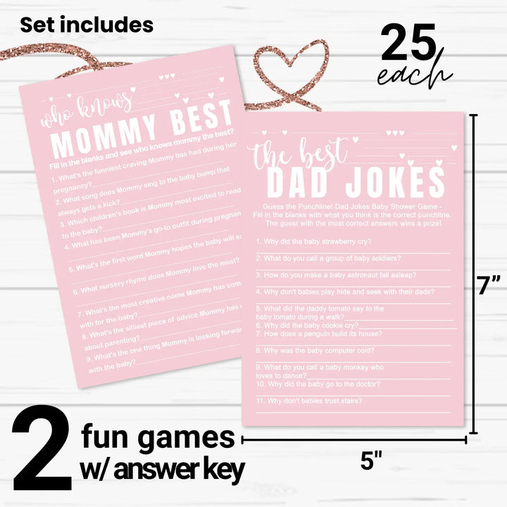 Pink baby shower game set - who knows mommy best & dad jokes modern minimalist 25 pack - party games