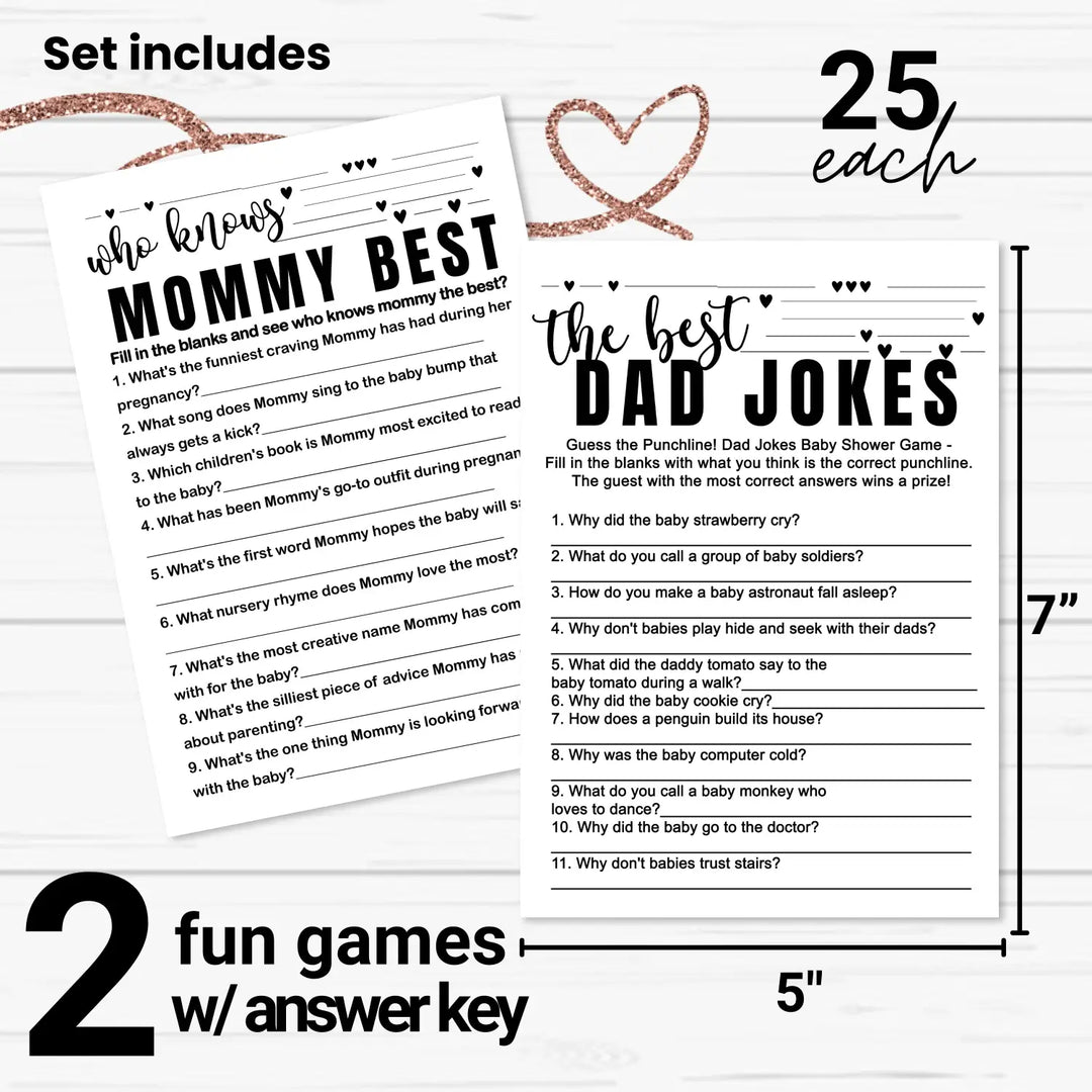 Black and white baby shower game 2-in-1 set - who knows mommy best & dad jokes 25 pack - party games