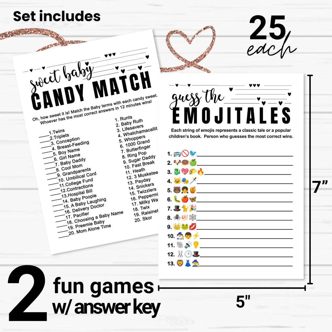 Sophisticated 2-in-1 baby shower game bundle - match the candy bar & guess storybook - 25 pack - party games