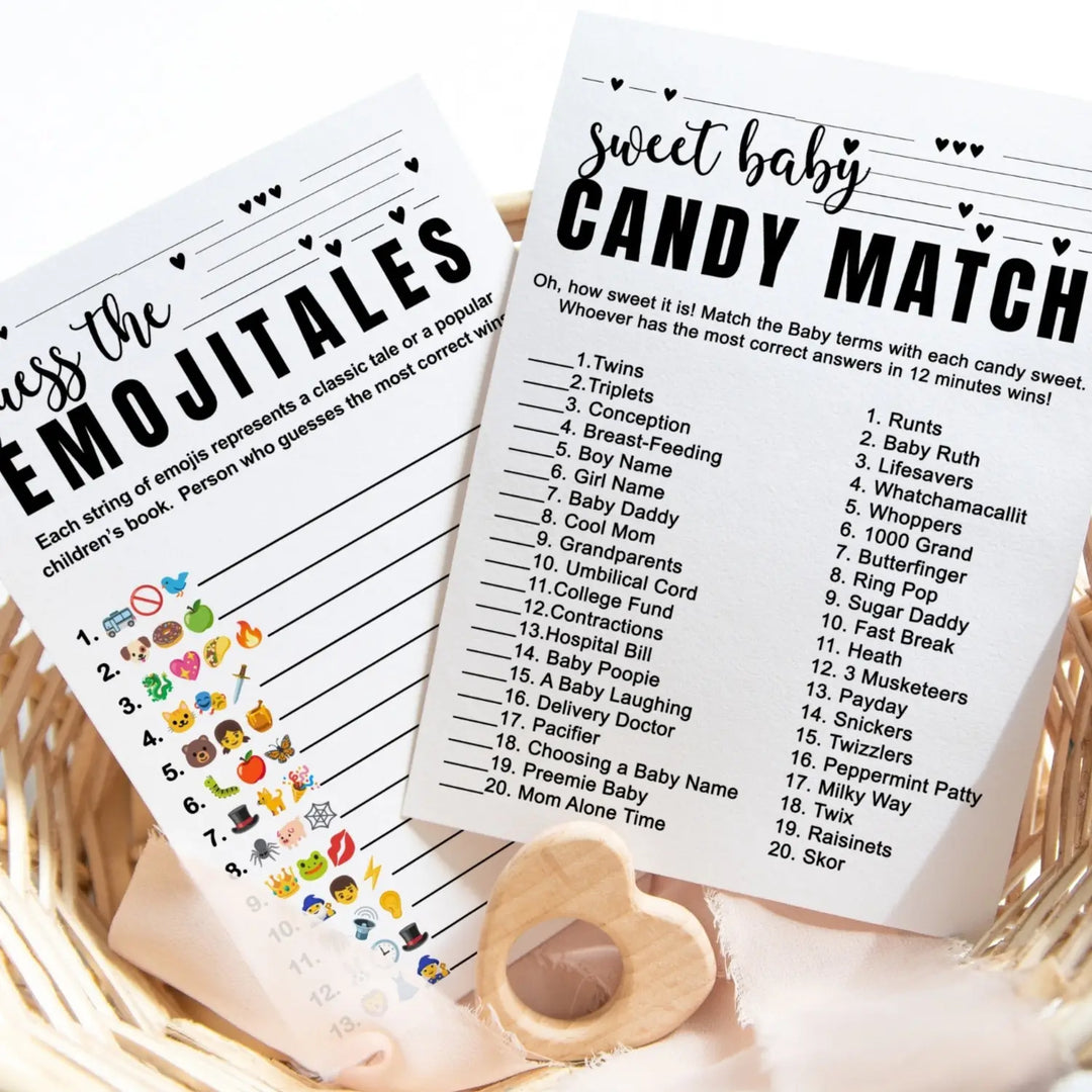 Sophisticated 2-in-1 baby shower game bundle - match the candy bar & guess storybook - 25 pack - party games