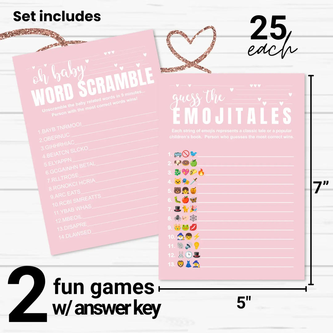 Pink baby shower game set - word scramble and guess the storybook pictograms 5x7 double-sided cards 25 pack with answer