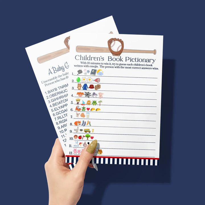 Baseball baby shower game set red & blue word scramble and storybook guessing activity - party games