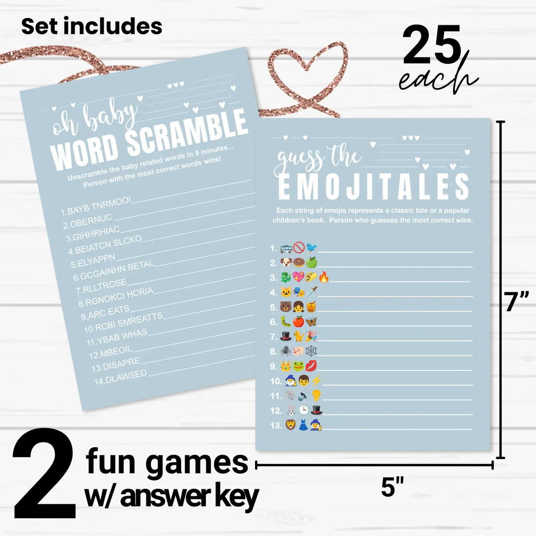 Blue baby shower game set - word scramble and guess the pictograms titles 5x7 double-sided cards 25 pack with answer