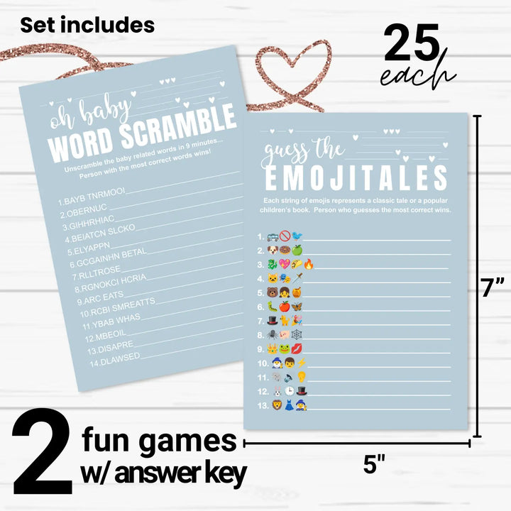 Blue baby shower game set - word scramble and guess the pictograms titles 5x7 double-sided cards 25 pack with answer