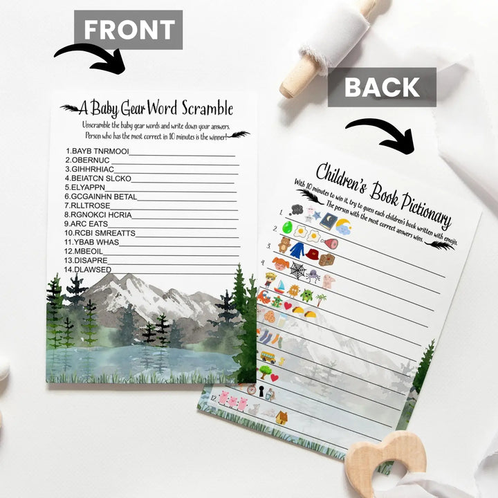 Adventure awaits mountain-themed baby shower game bundle 5x7 double-sided cards (25 ct) - party games