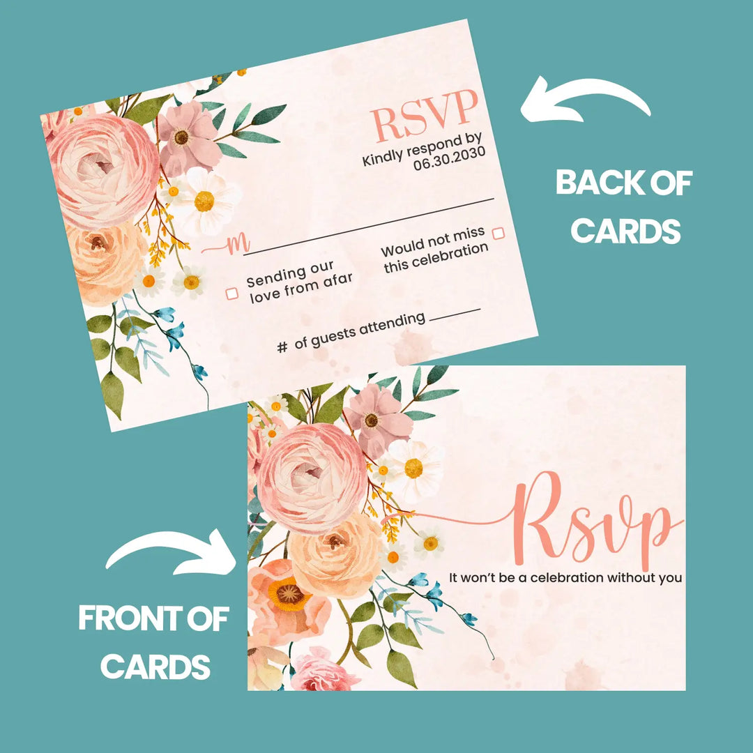 Personalized boho floral rsvp cards with envelopes - rustic terracotta and blush for weddings events - invitations