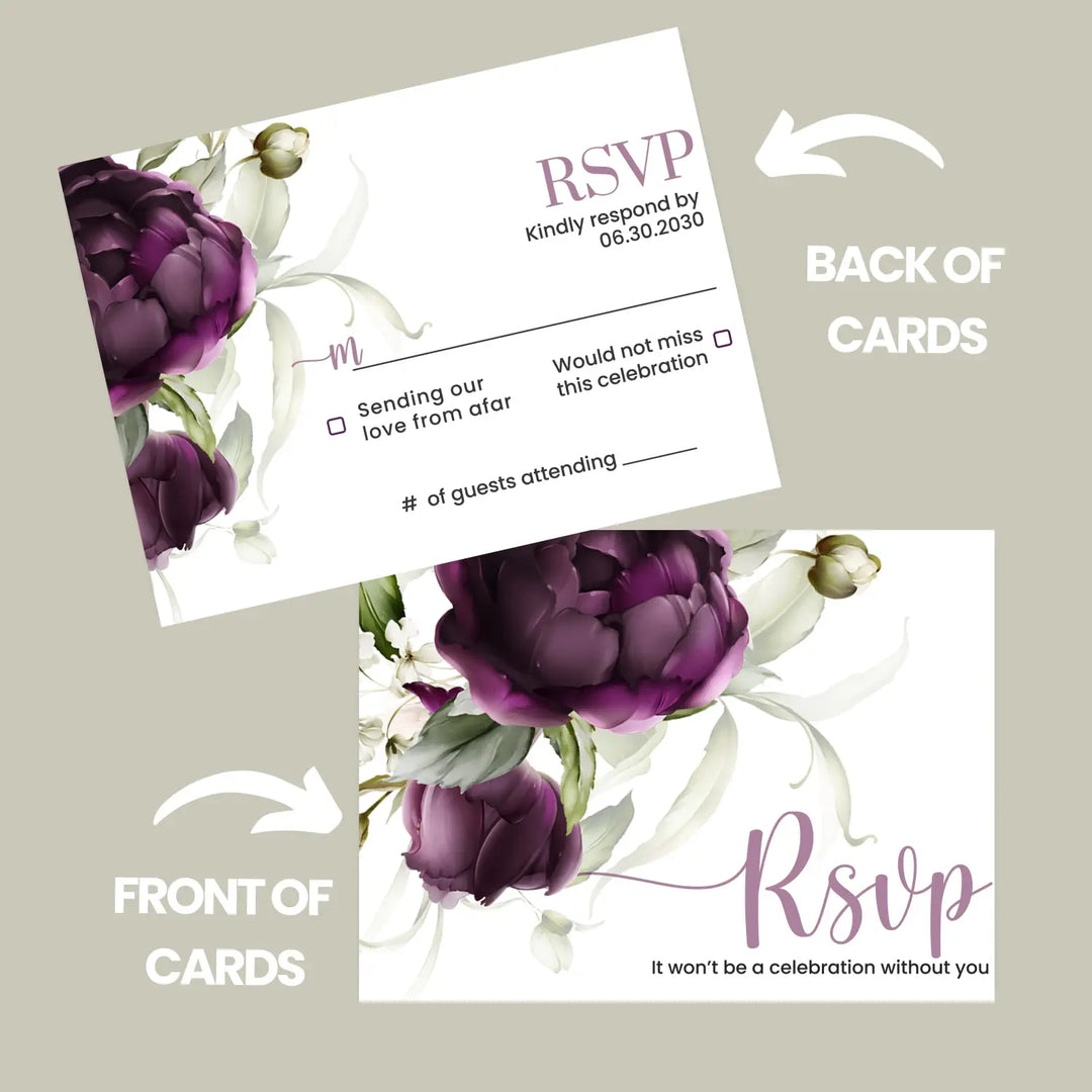 Personalized purple passion floral rsvp cards with envelopes - modern design for weddings and events - invitations