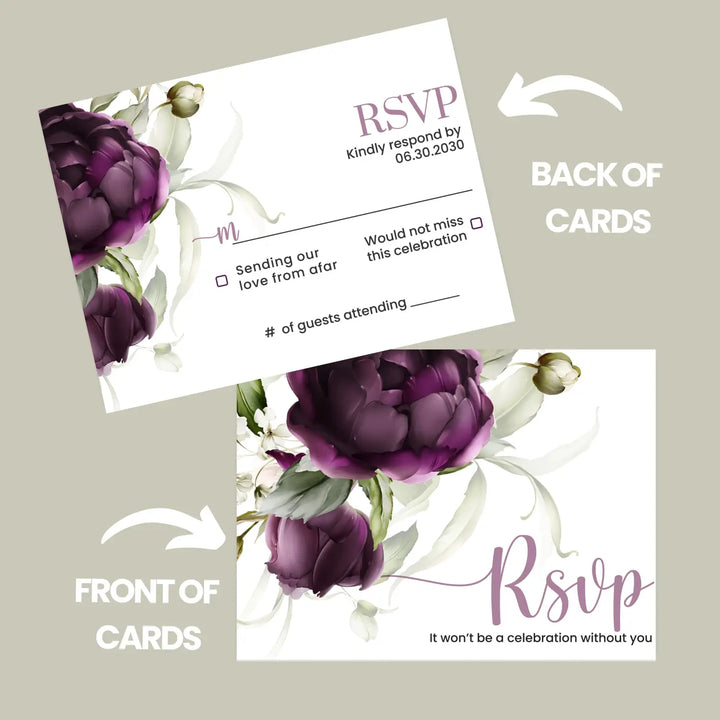 Personalized purple passion floral rsvp cards with envelopes - modern design for weddings and events - invitations