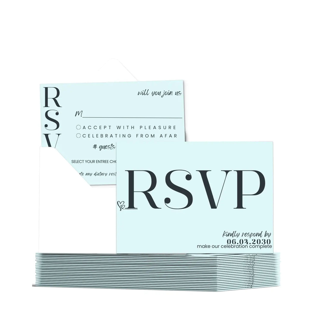Custom sky blue rsvp cards with elegant black calligraphy - premium card stock 4x6 inch size - invitations