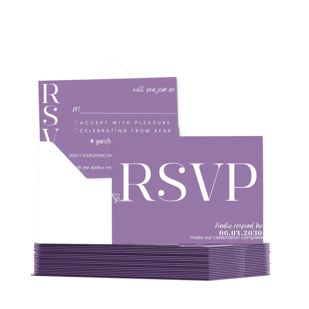 Custom bold purple rsvp cards with elegant white calligraphy - premium card stock 4x6 inch size - invitations